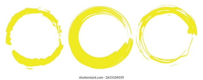 vector set of Yelllow grunge circle brush vector illustration. Abstract Yellow paint brushstroke circles pack. Set of Yellow brush circle. Set of circle, Yellow paint, ink, dirty brush strokes.