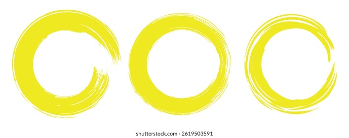 vector set of Yelllow grunge circle brush vector illustration. Abstract Yellow paint brushstroke circles pack. Set of Yellow brush circle. Set of circle, Yellow paint, ink, dirty brush strokes.
