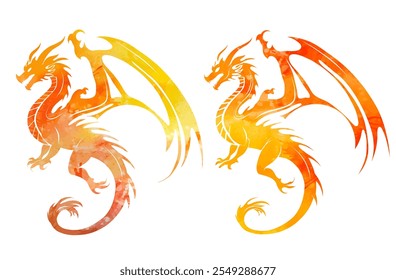 Vector set of yelloe watercolor dragon silhouette clip arts. Collection of orange silhouette dragons with wings isolated from background. Mythological fairytale monster for sublimation, tattoo, icon