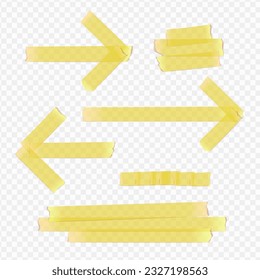 Vector set of yellow adhesive paper tape arrows and space text elements on transparent background.
