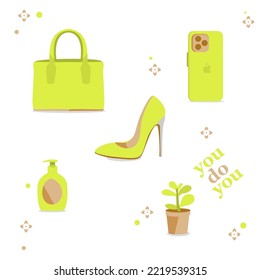 Vector set of yellow cool trendy accessories icons: mobile phone, high heel shoes, plant, hand bag, shampoo bottle. Editable - you can color as you like! for stickers, fashion blog, t-shirt design.