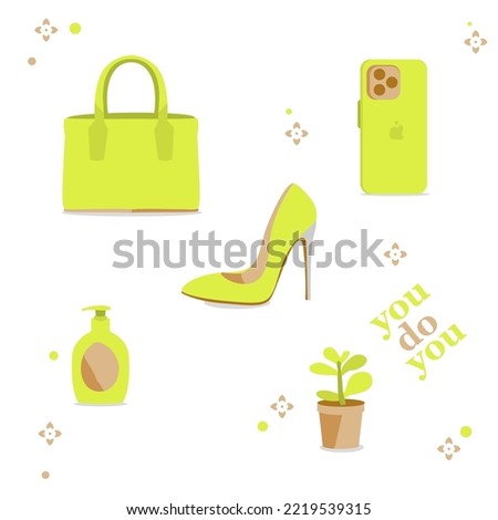 Vector set of yellow cool trendy accessories icons: mobile phone, high heel shoes, plant, hand bag, shampoo bottle. Editable - you can color as you like! for stickers, fashion blog, t-shirt design.