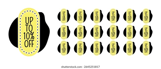 Conjunto vetorial de etiquetas de desconto amarelas com fundo abstrato preto e borda estrela, exibindo "até X% Off" de 5% a 90%.