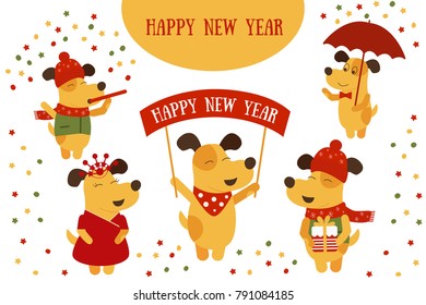 Vector set of yellow dog illustrations with Happy New Year text. Year of dog 2018 logo, icon. EPS 10