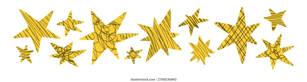 Vector set of yellow doodle stars in various sizes and styles. Hand drawn patterns inside stars, playful design. Collection for decorations, banners, childrens materials. Flat illustration.