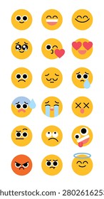 Vector set of yellow emoji faces with various expressions, including happy, sad, crying, and love, arranged in a grid pattern.