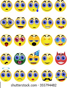 Vector set yellow emoticons with blue eyes, different emotions, isolated.