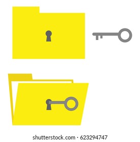 Vector set of yellow folders with keyholes and grey key unlocking.