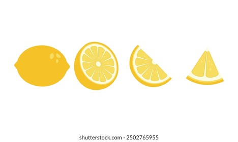 Vector set of yellow fresh lemon icon. Lemon fruits on white isolated background. Lemon slices collection