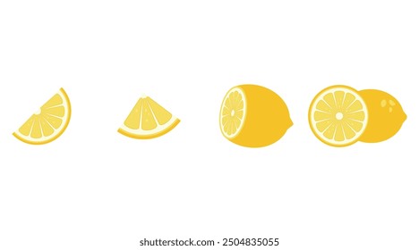 Vector set of yellow fresh lemon icon. Lemon fruits on white isolated background. Lemon slices collection