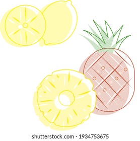 Vector set of yellow fruit  icons: lemon and ananas. Whole, parts and leaves. Vitamins. Healthy vegetarian and vegan food.