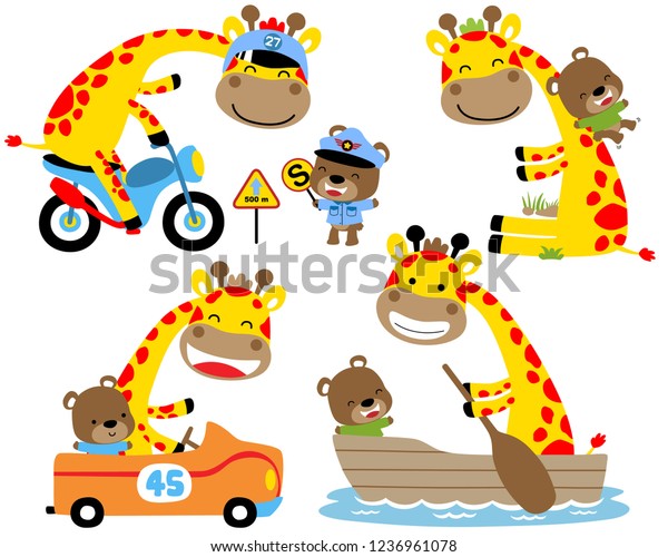 Vector set of yellow giraffe cartoon activities with
little bear