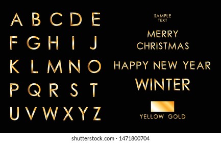 Vector Set of Yellow Gold A-Z,  Alphabet letters from A to Z, Metallic Bold font with SAMPLE TEXT, MERRY CHRISTMAS, HAPPY NEW YEAR on Black background