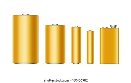 Vector Set of Yellow Golden Glossy Alkaline Batteries Of Diffrent size AAA, AA, C, D, PP3 and 9 Volt Battery for branding Close up Isolated on White background
