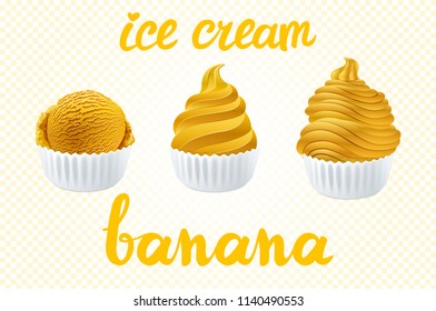 vector Set of yellow ice cream with of different shapes in a cup on transparent background lettering hand made text art