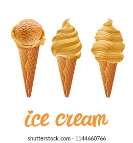 vector Set of yellow ice cream with of different shapes in a cup on transparent background lettering hand made text art