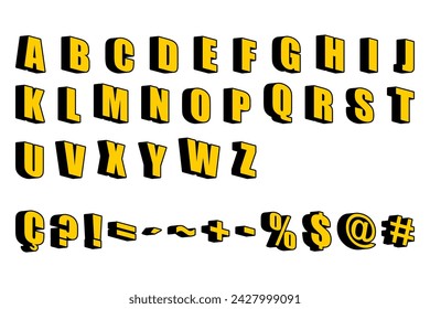Conjunto de letras isométricas del alfabeto amarillo del vector con el fondo blanco de la sombra