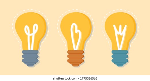 Vector set of yellow light bulbs representing ideas, energy and inspiration. The concept of emotional burnout, creative thinking. Decorations for greeting cards, prints for clothes, badges, posters.