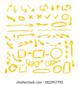 Vector Set of Yellow Marker Frehand Drawings, Arrows, Different Geometric Shapes, Colorful Illustration, Hand Drawn Design Elements Set Isolated on White Background.