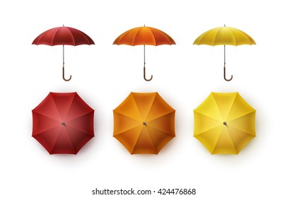 Vector Set of Yellow Orange Red Blank Classic Opened Round Rain Umbrella Parasol Sunshade Top Front Side View Mock up Close up Isolated on White Background