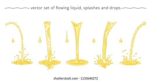 Vector Set Of Yellow And Orange Trickles, Drops, Splashes. Collection Of Pouring Liquid Elements. Templates For Advertising Of Fruit Juice, Beer, Soda, Oil And Honey. Linear Design. White Background.