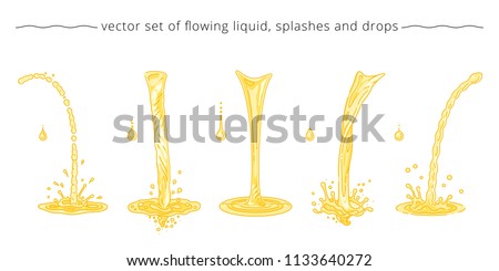 Vector set of yellow and orange trickles, drops, splashes. Collection of pouring liquid elements. Templates for advertising of fruit juice, beer, soda, oil and honey. Linear design. White background.
