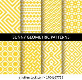 Conjunto vectorial de patrones amarillos ornamentales sin costura. Colección de motivos geométricos modernos. Patrones agregados al panel de muestra.
