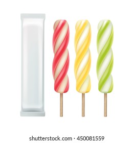 Vector Set of Yellow Pink Green Strawberry Cherry Mango Lemon Kiwi Mint Spiral Popsicle Lollipop Ice Cream Fruit Juice Ice on Stick with White Plastic Foil Wrapper for Package Design Close up Isolated