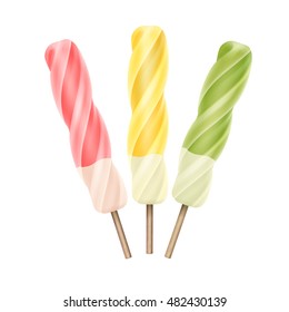 Vector Set of Yellow Pink Green Strawberry Cherry Mango Lemon Kiwi Mint Spiral Popsicle Lollipop Ice Cream Fruit Juice Ice on Stick Close up Isolated on Background