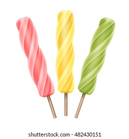 Vector Set of Yellow Pink Green Strawberry Cherry Mango Lemon Kiwi Mint Spiral Popsicle Lollipop Ice Cream Fruit Juice Ice on Stick Close up Isolated on Background