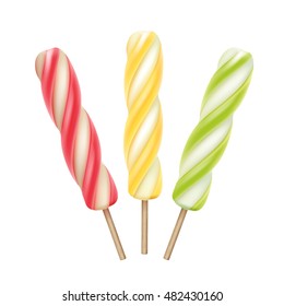 Vector Set of Yellow Pink Green Strawberry Cherry Mango Lemon Kiwi Mint Spiral Popsicle Lollipop Ice Cream Fruit Juice Ice on Stick Close up Isolated on Background