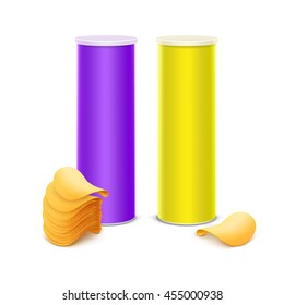 Vector Set of Yellow Purple Tin Box Container Tube for Package Design with Stack of Potato Crispy Chips Close up Isolated on Background