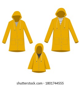 Vector set of yellow raincoats. Collection of male, female and child raincoats. Vector flat illustration isolated on white background