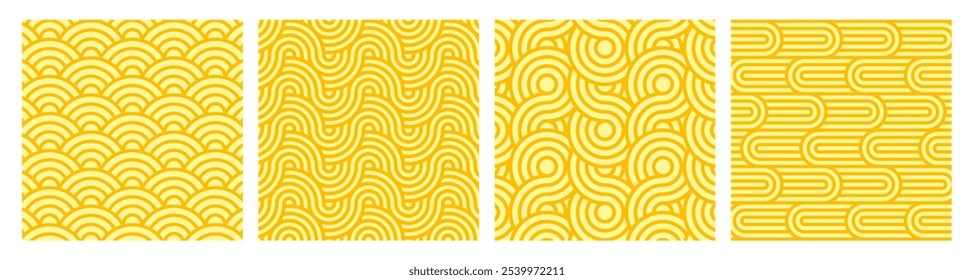 Vector set of yellow ramen noodle pattern backgrounds. Seamless spaghetti, pasta or oriental asian food texture with wave lines geometric ornaments. Posters with italian meal with curve repeat stripes