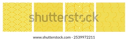 Vector set of yellow ramen noodle pattern backgrounds. Seamless spaghetti, pasta or oriental asian food texture with wave lines geometric ornaments. Posters with italian meal with curve repeat stripes