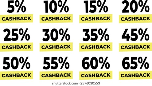 Vector set of yellow sale icons 5,15,20,25,30,35,40,45,50,55,60,65% with cashback percentages. Vector set of sale tag icons. Sale offer price sign. Special offer symbol. Discount promotion.