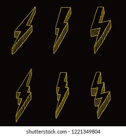 Vector Set of Yellow Sketch Thunder Bolt Symbol