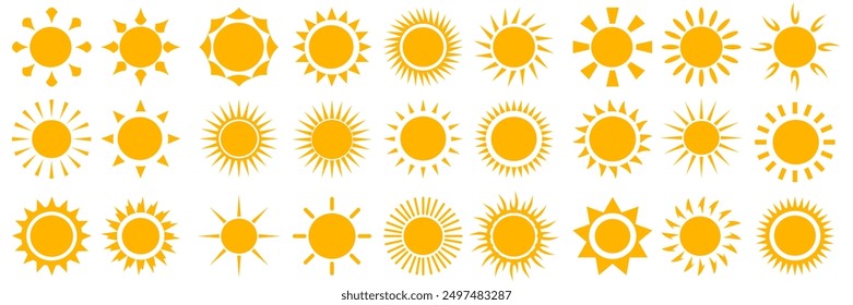 
vector set of yellow sun icons in flat style. summer symbol. sunshine sign. flat style sun icon.hot Weather icon set.