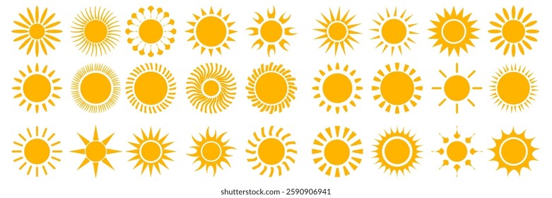 vector set of yellow sun icons in flat style. summer symbol. sunshine sign. flat style sun icon.hot Weather icon set.