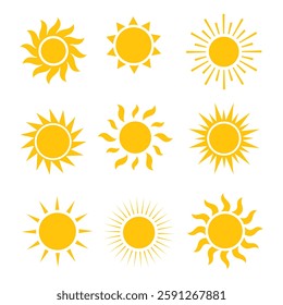vector set of yellow sun icons in flat style