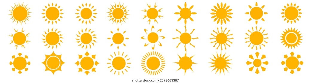 vector set of yellow sun icons in flat style. summer symbol. sunshine sign. flat style sun icon.hot Weather icon set.