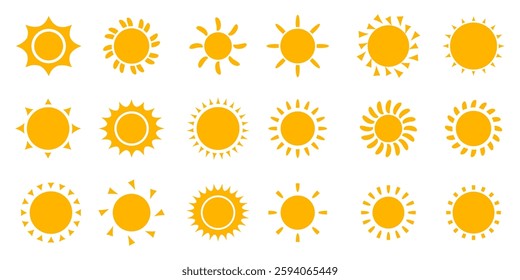 vector set of yellow sun icons in flat style. summer symbol. sunshine sign. flat style sun icon.hot Weather icon set.