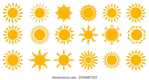 vector set of yellow sun icons in flat style. summer symbol. sunshine sign. flat style sun icon.hot Weather icon set.