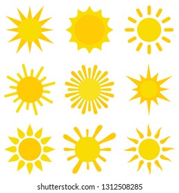 Vector set with yellow suns. Flat sun collection. Elements for web and design