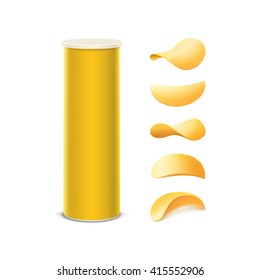 Vector Set of Yellow Tin Box Container Tube for Package Design with Potato Crispy Chips of Different Shapes Close up Isolated on White Background