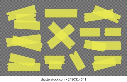 Vector set of yellow transparent adhesive tape. Duct tape strip. Torn pieces of masking tape isolated on transparent background. 