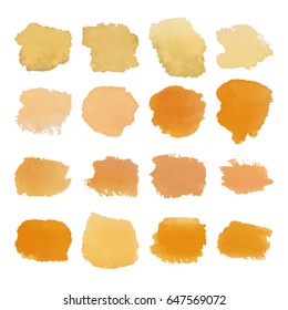 Vector Set of yellow watercolor blots hand painted texture elements isolated on white. Abstract collection of brush splash, strokes, stains, spots, blots.