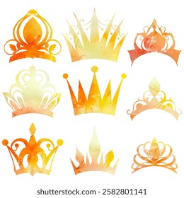 Vector set of yellow watercolor silhouette of queens crowns and tiaras. Collection clip arts of wreath and crowns of kings. Luxury pictograms of symbol of monarchy isolated from background