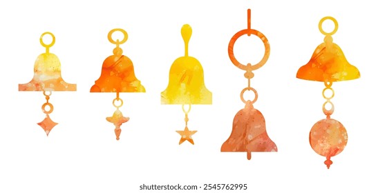 Vector set of yellow watercolor silhouettes of Christmas bells isolated from background. Holiday collection of xmas decorations with dye splashes. Festive bells clip arts for icons