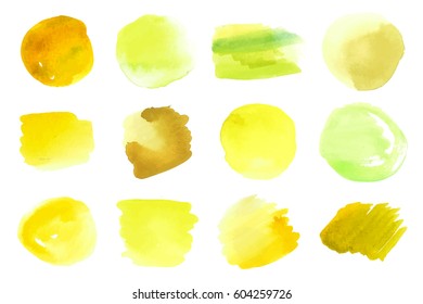 Vector set of yellow watercolor splashes isolated on white background. Can be used as healthy lifestyle, bio organic food design backdrops, handmade products
